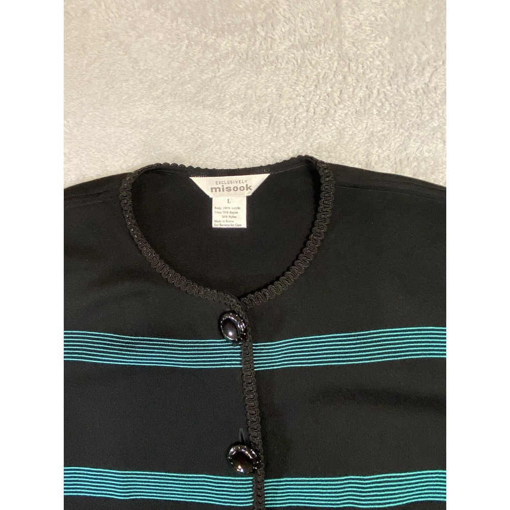 Exclusively Misook Cardigan Sweater Large Black Striped Long Sleeve‎ Buttons - Picture 3 of 12